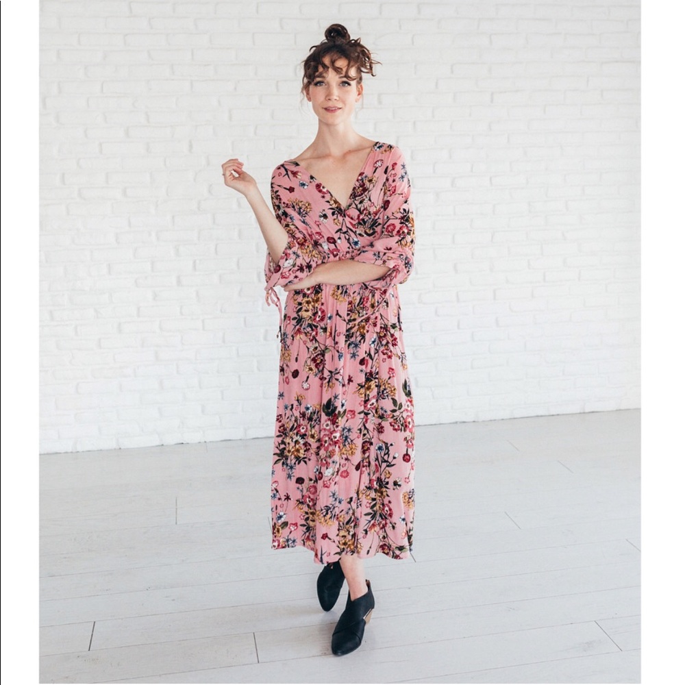 Poppy & Dot Garden Floral Wrap Midi Dress Pink